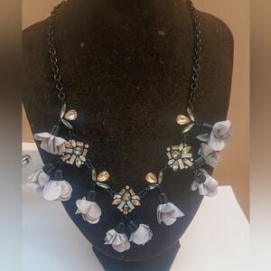 I.N.C. Black-Tone Crystal, Stone & Fabric Flower Statement Necklace,